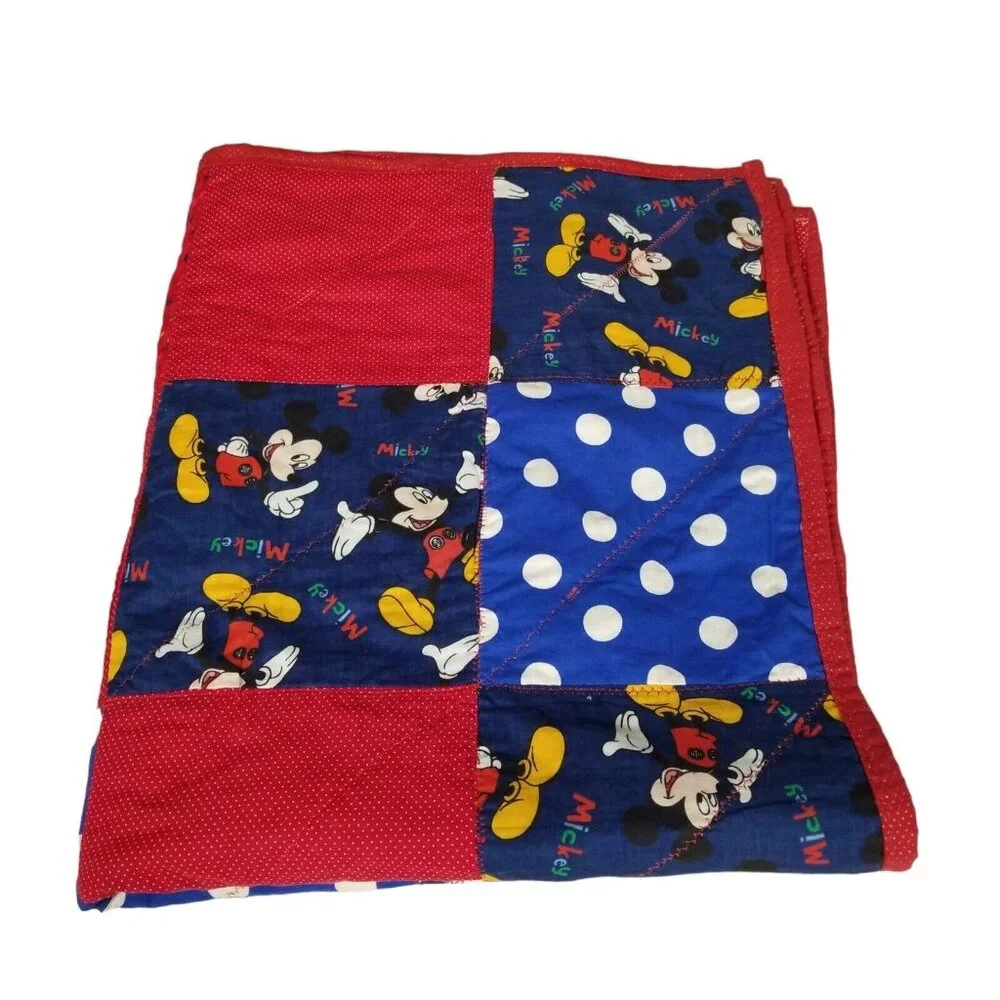 vtg‎ handmade mickey mouse quilt blanket throw crib 36x51